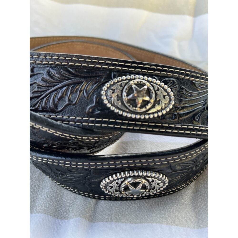 VTG Justin Ranger Belt Tooled Leather size 46 Black Silver Concho USA No Buckle